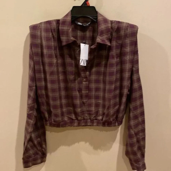- Zara PLAID SHOULDER PAD BLOUSE - Picture 5 of 9